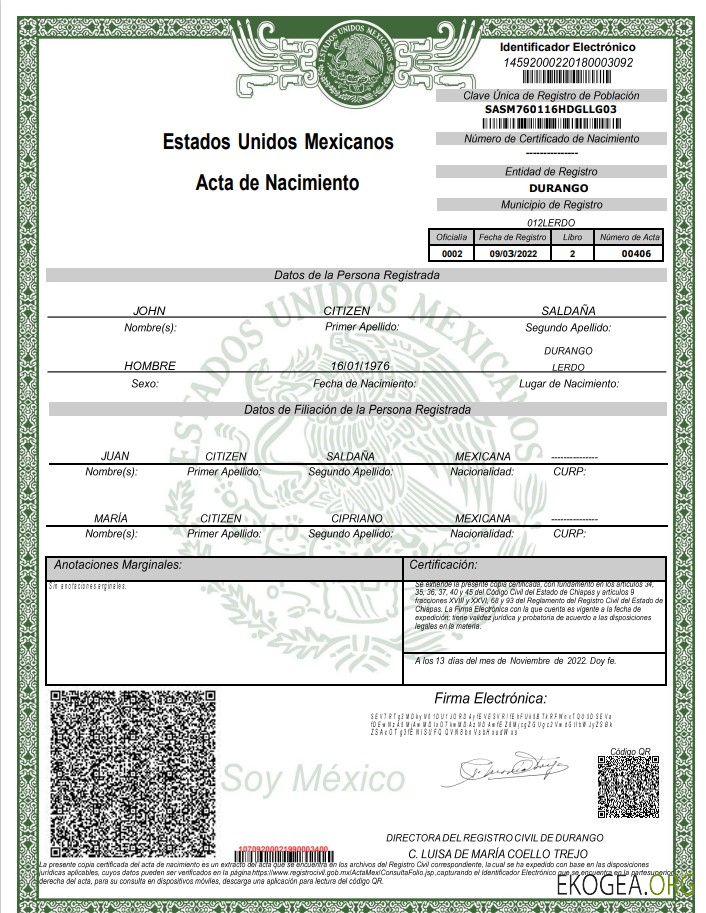 Modèle Word et PDF d'acte de naissance au Mexique, version 2